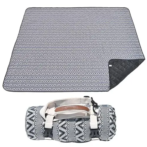 Produktbild: HX&OD Extra große Outdoor-Picknickdecken für Camping auf Gras, wasserdichte Picknickdecke für Strand, tragbar mit verstellbarem Tragegurt, spart Platz (schwarze Streifen, 152,4 x 203,2 cm)