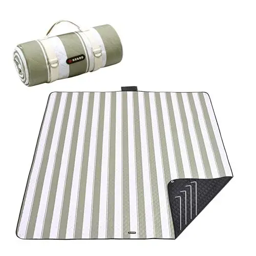 Produktbild: HX&OD Outdoor-Picknickdecke, extra groß, wasserdicht, Picknickmatte mit Heringen, faltbar, Campingdecke, tragbar mit Tragegurt für Strandmatte, Grün und Weiß, 203 x 152 cm