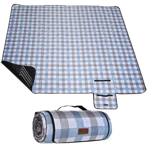 Produktbild: HX&OD Picknick-Outdoor-Decke, extra groß, 203,2 x 203,2 cm, wasserdicht, faltbar, Gingham-Picknick-Matte für Strand, Camping, Gras, Rasen, Park, Zubehör, niedliche Paarideen, Hochzeit (Kaffeefarbe,