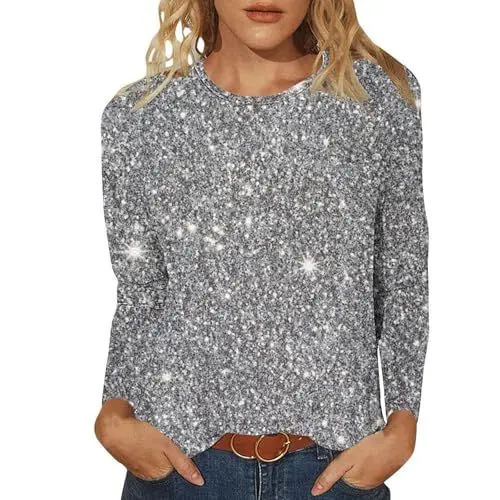 Produktbild: HXRYPG Bluse Damen Glitzer Oberteile Elegant Langarmshirt Tunika Festlich Sweatshirt Shirt Party Pullover für Frau Silvester Outfit Modern Blusenshirt Pailletten Oberteil Casual Tops Deal 02 Grau L