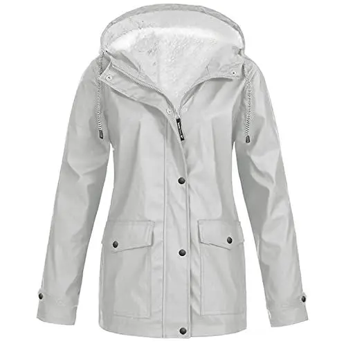 Produktbild: HXRYPG Gefütterte Regenjacke Damen Wasserdicht Übergangsjacke Grosse Grössen Regenmantel Windbreaker mit Kapuze Fahrradjacke Regencape Wanderjacke Outdoorjacke Herbstjacke Regenjacken outlet Grau L