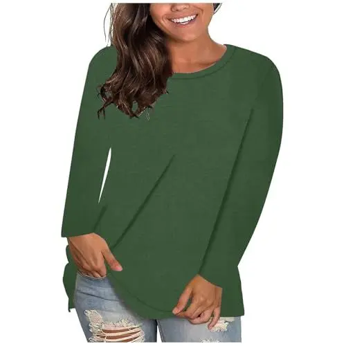 Produktbild: HXRYPG Langarmshirt Damen Basic Shirt Oberteile Herbst Bluse T-Shirt mit Rundhals Longsleeve Tops Einfarbig Tshirt Shirts Sweatshirt Langarmshirts Baumwolle Oberteil Große Größen Angebot Armeegrün L