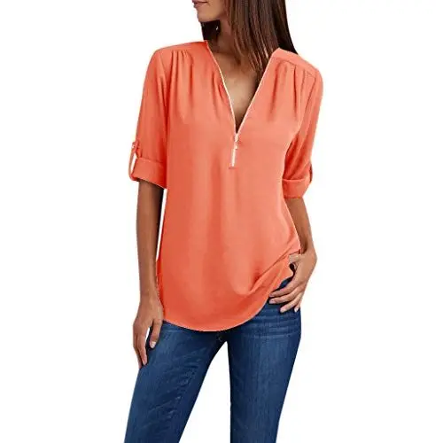 Produktbild: HXRYPG Langarmshirt Damen T-Shirt Casual Oberteile V Ausschnitt Chiffon Bluse Damen Longshirt Leicht Hemd mit Reißverschluss Shirts Leichte Longsleeve Shirt Bequem Tops Sale Angebote Orange 3XL
