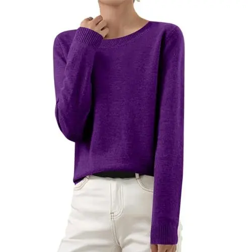 Produktbild: HXRYPG Pullover Damen Strickpullover Basic Langarmshirt Baumwoll Langarm T-Shirt Rundhals Leicht Gestrickte Pulli Dünn Herbst Winter Sweater Warm Winterpullover Pullis Tops Outlet Angebote 03 Lila L