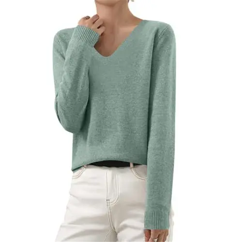 Produktbild: HXRYPG Pullover Damen Sweater Basic Strickpullover Elegant Pulli mit V Ausschnitt Winter Winterpullover Warm Fleecepullover Herbst Mode Gestrickt Sweatshirt Oberteile Strickpulli Damen Sale M 02 Grün