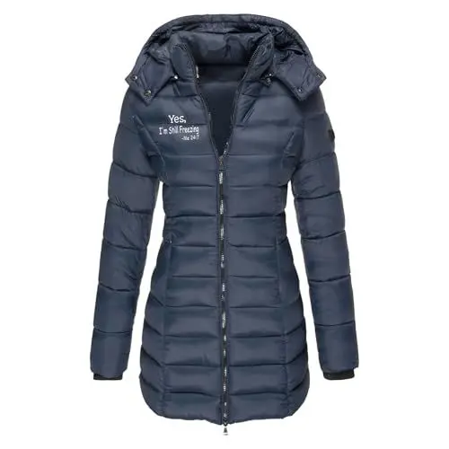 Produktbild: HXRYPG Steppjacke Damen Warme Winterjacke Elegant Daunenjacke Leicht Steppmantel Lang Parka Einfarbige Puffer Jacke Mantel Outdoorjacke mit Kapuze Wintermantel Damenmantel angebot 02 Marineblau XL