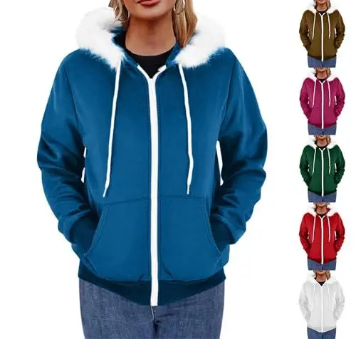 Produktbild: HXRYPG Sweatjacke Damen Hoodie Warm Kapuzenjacke Casual Winterjacke Einfarbig Kapuzenpullover Langarm Sweatshirt mit Kapuze Winter Übergangsjacke Jacke Wintermantel Sportjacke coupon 01 Blau S