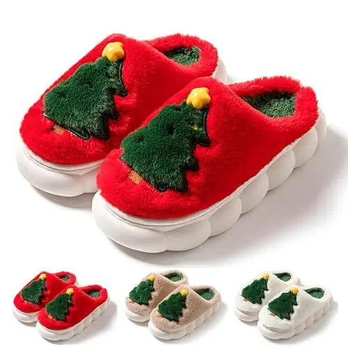 Produktbild: HXRYPG Weihnachts Hausschuhe Damen Winter Pantoffeln Flauschig Hüttenschuhe Kuschelig Slippers Warm Pantoletten Plüsch Winterhausschuhe Herren Gefütterte Hauspantoffeln Schlappen black friday Rot 38