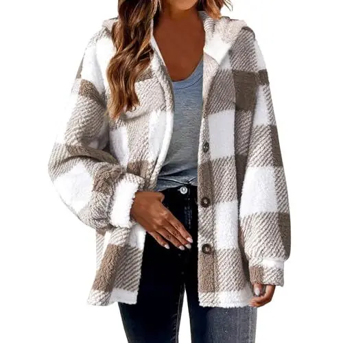 Produktbild: HXRYPG Winterjacke Damen Fleecejacke Übergangsjacke Wintermantel Herbstjacke Warm Herbst Kapuzenjacke Gingham Winter Mantel für Frauen Plüschjacke Fleece Jacken Große Größen blitzangebote Khaki XL