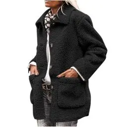 Produktbild: HXRYPG Winterjacke Damen Fleecejacke Warm Herbst Wintermantel Teddyjacke Kurzmantel Teddyfleece Jacke Herbstjacke mit Knöpfen Übergangsjacke Winter Wollmantel Teddy Jacken Mantel damen sale Schwarz M