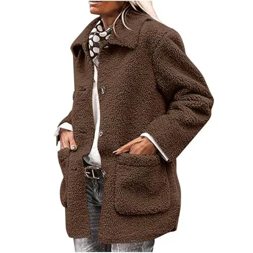 Produktbild: HXRYPG Winterjacke Damen Fleecejacke Warm Herbst Wintermantel Teddyjacke Kurzmantel Teddyfleece Jacke Herbstjacke mit Knöpfen Übergangsjacke Winter Wollmantel Teddy Jacken Mantel sale angebote Braun S