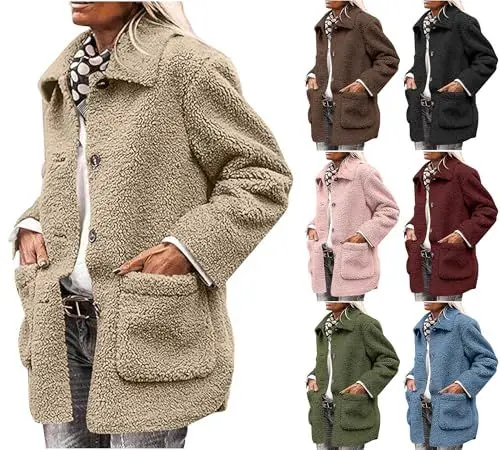 Produktbild: HXRYPG Winterjacke Damen Fleecejacke Warm Herbst Wintermantel Teddyjacke Kurzmantel Teddyfleece Jacke Herbstjacke mit Knöpfen Übergangsjacke Winter Wollmantel Teddy Jacken Mode Mantel deal Khaki L