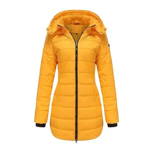 Produktbild: HXRYPG Wintermantel Damen Lang Steppjacke Leicht Daunenjacke Mantel Winter Winterjacke Puffer Jacke Steppmantel Winterparka Daunenmantel Damenjacke mit Kapuze Kapuzenjacke Warm Gutschein XL 03 Gelb