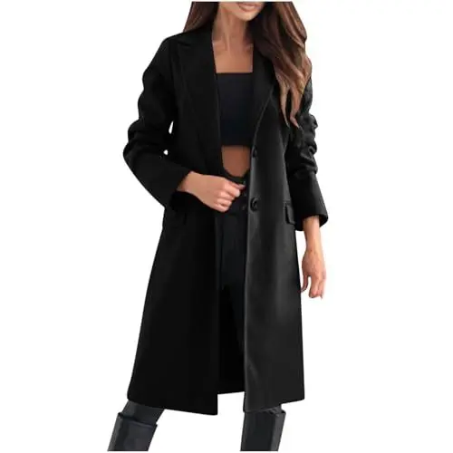 Produktbild: HXRYPG Wollmantel Damen Elegant Winterjacke Lang Wintermantel Einfarbig Mantel Winter Wolljacke Casual Trenchcoat Jacke Revers Mäntel für Frauen Damenjacke Jacken Damenmantel Longjacke deal Schwarz S