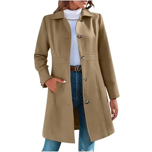 Produktbild: HXRYPG Wollmantel Damen Elegant Winterjacke Lang Wintermantel Einfarbig Mantel Winter Wolljacke Trenchcoat Longjacke Jacke Revers Mäntel für Frauen Damenjacke Jacken Damenmantel angebot Khaki XXL