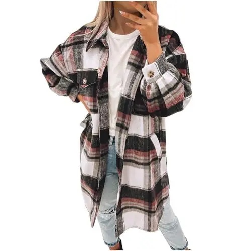 Produktbild: HXRYPG Wollmantel Damen Winterjacke Lang Karierte Jacke Elegant Mantel Winter Wintermantel Trenchcoat Mode Wolljacke Revers Kariertes Hemd Hemdbluse Hemdjacke Strickjacke Oberteile deal S Grau