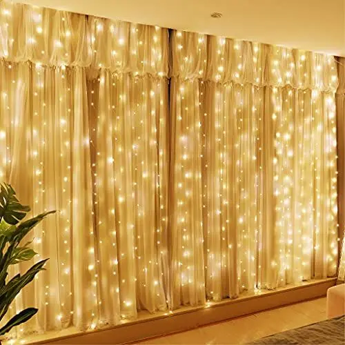 Produktbild: HXWEIYE 300LED Lichtervorhang Warmweiß, 3mx3m Lichterkettenvorhang USB 8 Modi LED Lichterkette mit 12 Haken Fernbedienung Timer verstellbare Helligkeit für Weihnachten Party Innen und außen Deko