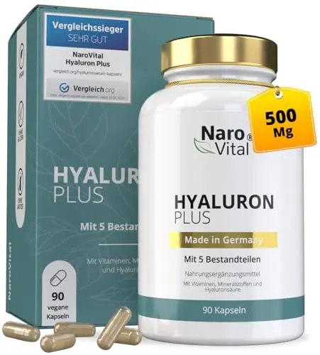 Produktbild: Hyaluronsäure Kapseln | Hochdosiert mit 500 mg Hyaluron pro veganer Kapsel | Molekulargewicht 500-700 kDa | 90 Kapseln (3 Monate) | Unterstützung für Haut, Gelenke & Anti-Aging