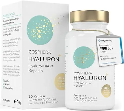 Produktbild: Hyaluronsäure Kapseln hochdosiert mit 500 mg pro Kapsel - 90 vegane Hyaluron Kapseln im 3 Monatsvorrat - 500-700 kDa I Angereichert mit Zink als Beitrag zum Erhalt normaler Haut und Knochen.