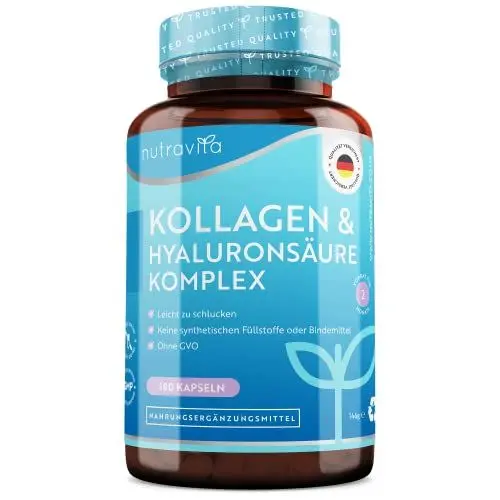 Produktbild: Hyaluronsäure Kollagen Hochdosiert Komplex - 180 Kapseln - Mit 7 zugesetzten Vitaminen - Biotin, Vitamin C & Selen und mehr - Laborgeprüft ohne Zusätze - In Deutschland Hergestellt von Nutravita