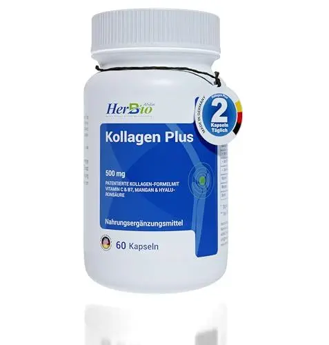 Produktbild: Hyaluronsäure Kollagen kapseln hochdosiert - 60 vegane Kapseln à 500mg - collagen kapseln hochdosiert - Mit Biotin, Vitamin C, Magnesium & Vitamin B7 - Laborgeprüft - in Deutschland hergestellt.