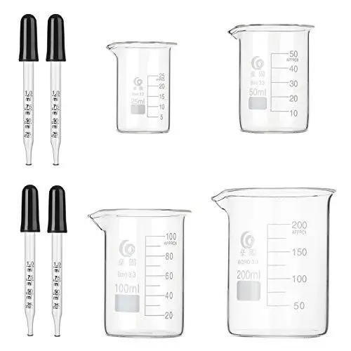 Produktbild: Hyber&Cara Becherglas niedrige Form mit Ausguss, Boro 3.3 Griffin-Becherglas 25 ml 50 ml 100 ml 200 ml mit 4 Stück 1 ml Glaspipette
