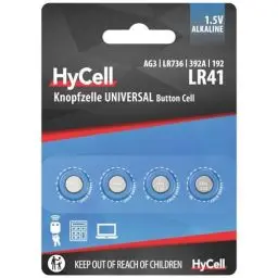 Produktbild: HyCell Alkaline Knopfzellen LR41 1,5V, 4 Stück, AG3 GP192 L736, lange haltbar, für Taschenrechner, Spielzeug, Uhr