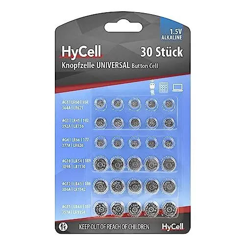 Produktbild: HyCell Alkaline Knopfzellen Set AG1, AG3, AG4, AG10, AG12, AG13, 1,5V, 30 Stück, Knopfzellenbatterie, für Uhren, Spielzeug, Taschenrechner, Fernbedienung