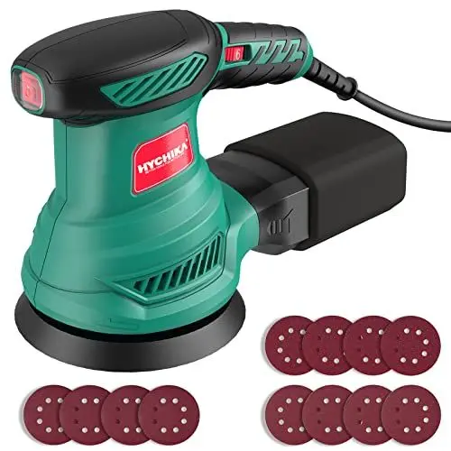 Produktbild: HYCHIKA Exzenterschleifer, 300W Schleifmaschine 6000-13000 U/min, 6 Gänge, mit 12pcs Schleifpapier (8 Löcher, 125mm), Schleifer mit Absaugung, Staubfangbehälter