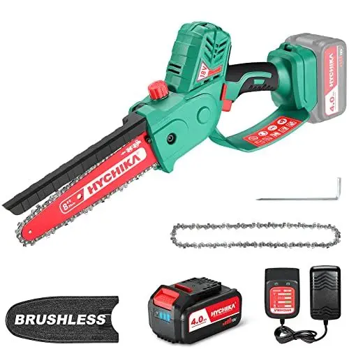 Produktbild: HYCHIKA Mini Kettensäge mit Akku 4000mAh, 8 Zoll Bürstenlose Akku Kettensäge, Ladegerät und 2 Kettensägenketten, für Holz und Gartenarbeiten
