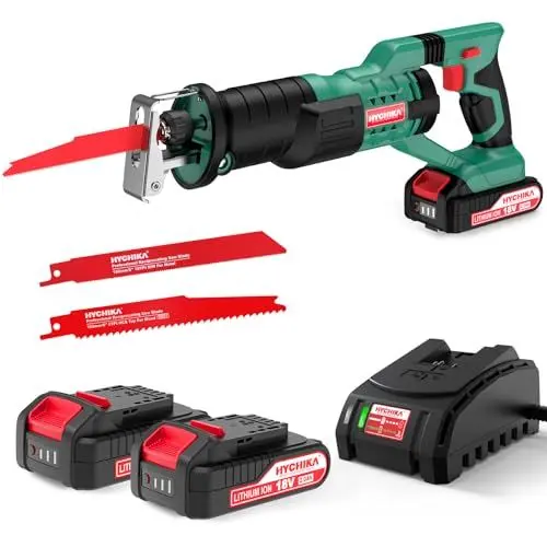 Produktbild: HYCHIKA Säbelsäge, 18V Akku Universalsäge, Reciprosäge mit 2x2.0Ah Batterien, mit variabler Drehzahl von 0-2800 SPM, 2 Sägeblätter, Schnellladegerät, LED Licht,Ideal zum Schneiden von Holz und Metall
