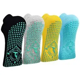 Produktbild: HYCLES Anti-Rutsch-Socken Damen - 4 Paar Yoga, Pilates, Barre, Tanz, Ballett, Trampolin, Krankenhaus Schwarz+Grau+Naturgelb+Blau 41-43