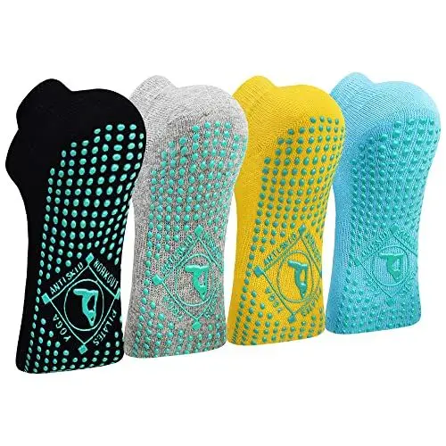 Produktbild: HYCLES Anti-Rutsch-Socken Damen - 4 Paar Yoga, Pilates, Barre, Tanz, Ballett, Trampolin, Krankenhaus Schwarz+Grau+Naturgelb+Blau 41-43