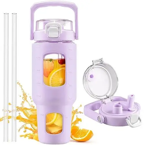 Produktbild: HYDRAGLAZIC 1200ml Glass Water Bottle mit Strohhalm und Deckel, Glasbecher mit Zeit- und Wassermarkierung, Eiskaffeebecher mit Silikonhülle, Reise-Kaffeebecher Passt in Autohalterung Violett