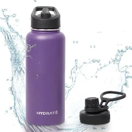 Produktbild: Hydrate Trinkflasche Edelstahl - doppelwandig, isoliert, zwei Deckel, Trink- und Trinkhalmdeckel aus Silikon-Kunststoff, leicht zu tragen - dunkelviolett - 1 Liter - Set of 1