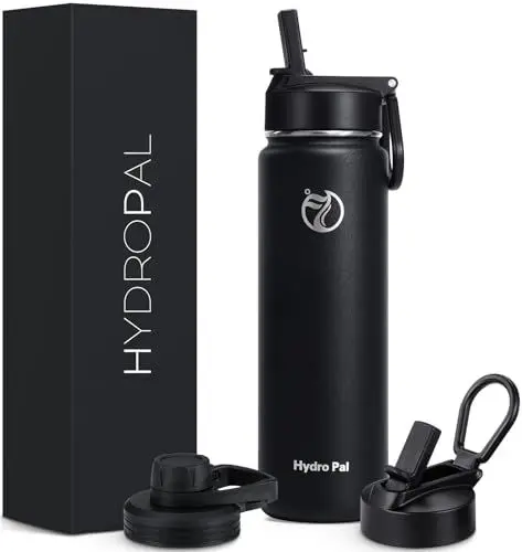 Produktbild: HydroPal Edelstahl Trinkflasche - 750ml, 1L, 1,2L, BPA-Frei, Kohlensäure geeignet, Isolierte flasche mit Strohhalm & 2 Deckel, Auslaufsichere Isolierflasche für Kinder, Sport, Fitness