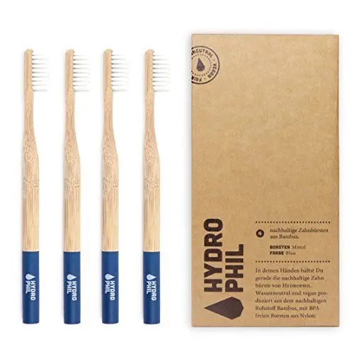 Produktbild: HYDROPHIL - Premium - Bambuszahnbürste Erwachsene - Nachwachsende Holzzahnbürste - 4er Pack (Blau, 4 Stück)