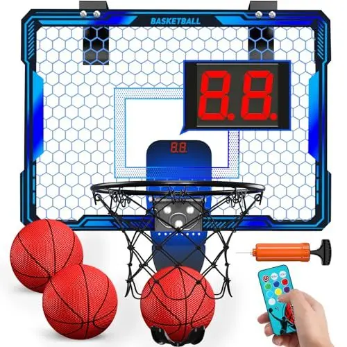 Produktbild: HYES Basketballkorb für Kinder mit Fernbedienung, 7 Beleuchtung, Basketballkorb mit 3 Modi, Elektronischer Anzeigetafel, 3 Balls, Pumpe, Indoor Outdoor Basketballkorb Sport Spielzeug for Kids, Blau