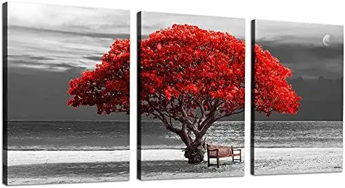 Produktbild: hyidecorart Leinwandbilder 40x58 cm 3er Set Wohnzimmer, Modern Rot Baum des Lebens Wandbilder Set mit Rahmen Schlafzimmer, Natur Schwarz und Weiß Kunstdruck Wanddeko Flur küche Büro Villa Badezimmer