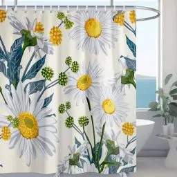 Produktbild: Hykiee Duschvorhang 180X180cm Anti-Schimmel, Blumen Wasserdicht Maschinenwaschbar und Schnell Trocknend Polyester Gänseblümchen Duschvorhänge Shower Curtain für Badezimmer mit 12 Duschvorhängeringen