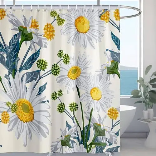 Produktbild: Hykiee Duschvorhang 180X180cm Anti-Schimmel, Blumen Wasserdicht Maschinenwaschbar und Schnell Trocknend Polyester Gänseblümchen Duschvorhänge Shower Curtain für Badezimmer mit 12 Duschvorhängeringen