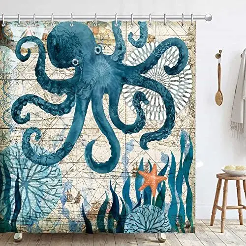 Produktbild: Hykiee Duschvorhang 180X180cm, Anti-Schimmel Duschvorhänge mit 12 Duschvorhängeringen, Shower Curtain Dusch Vorhang Blickdicht, Waschbar, Wasserdicht für Badewanne und Dusche (Oktopus)