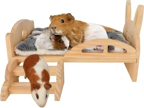 Produktbild: HYLYUN Meerschweinchenbett aus Holz mit Treppe und Matte, Holz Meerschweinchenbett Abnehmbare Plattform Meerschweinchen Tiere Kissen Bett für Zwergkaninchen Chinchillas Hamster Frettchen