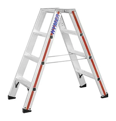 Produktbild: Hymer Stufenstehleiter (Aluminium, 8 cm Stufentiefe, beidseitig begehbar, Gelenk aus Alu-Druckguss, Perlongurte, verschraubte Füße) 802408