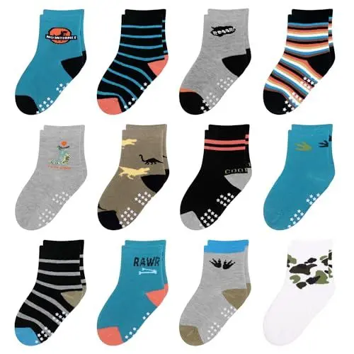 Produktbild: HYzgb Kleinkind Socken Jungen 1T 2T 3T mit Griffen 12 Paar rutschfeste Baby Baumwollsocken 12-24 Monate Crew Socken für Kleinkinder Kinder 1-2-3 Jahre alt (Dinosaurier Stripe Style)