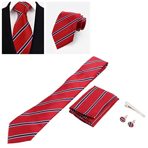 Produktbild: Hztyyier Gestreiftes Herren-Krawatten-Set, Modische Herren-Krawatten mit Einstecktuch-Manschettenknöpfen für Formelle Geschäftsabschlussball-Hochzeit, Rot