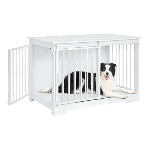 Produktbild: Hzuaneri Hundekäfig Möbel, 100cm hundebox für zuhause, Schiebetüren, 2 Tür, Moderne hundebox Holz Indoor für kleine/mittlere/große Hunde, Hundekäfig für Zuhause, 60 x 100 x 68 cm, Weiß DFC02313W