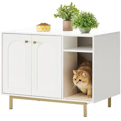 Produktbild: Hzuaneri Katzenschrank, Katzentoilette, Katzenklo Schrank, Katzenhaus mit Tür und separater Trennwand, 80 x 50 x 61 cm, Stabile Katzenschrank, Sitzbank, Weiß und Gold 01503GCLB