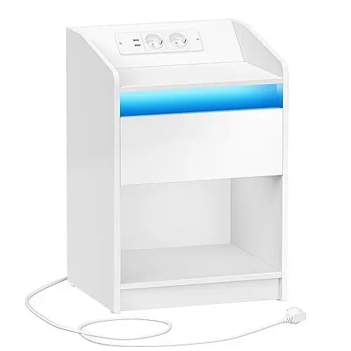 Produktbild: Hzuaneri Nachttisch mit LED-Licht, Beistelltisch mit Ladestation, 1 Aufbewahrungsschublade Nachttisch für Schlafzimmer, Wohnzimmer, 2 USB-Anschlüsse, 2 Steckdosen, offenes Fach, Weiß NS04703X1