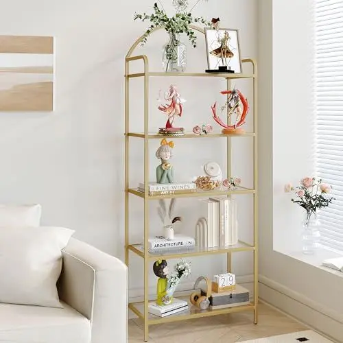 Produktbild: Hzuaneri Regal, Bücherregal aus gehärtetem Glas, schlankes Regal für Schlafzimmer, Badezimmer, Heimbüro, Stahlrahmen, 5 Ablagen Gold BC21599G